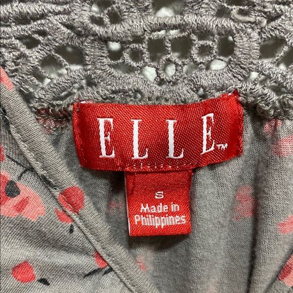 ELLE Gray Floral Lace Yoke Cap Sleeve Top S Pima Cotton Modal - Picture 2 of 10